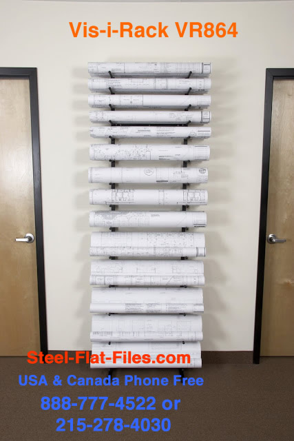 Vis-i-Rack for large rolled documents such as blueprints, plans and architectural drawings.