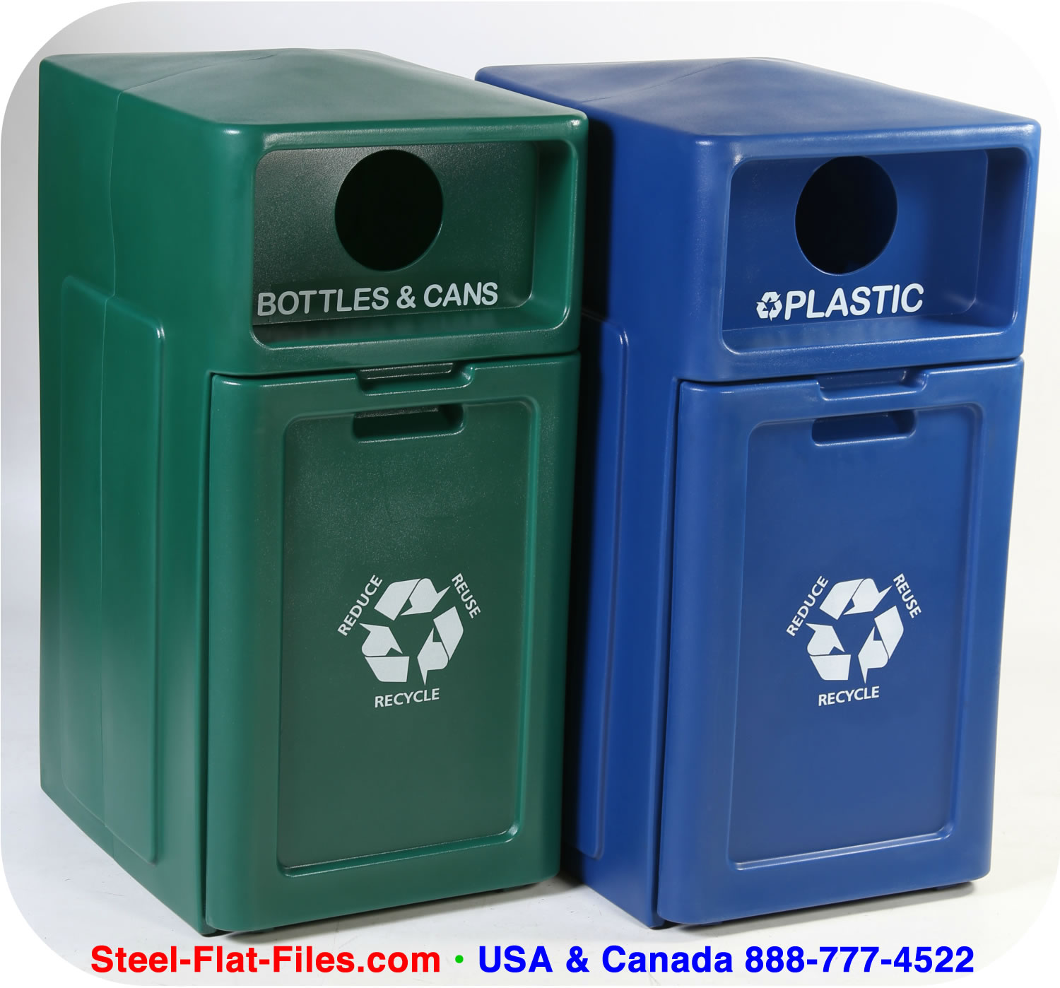 Enclosed top waste and recycling bins.